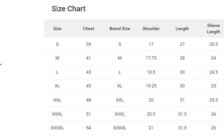 Size Chart for Slim Fit Stretchable Shirt for Men